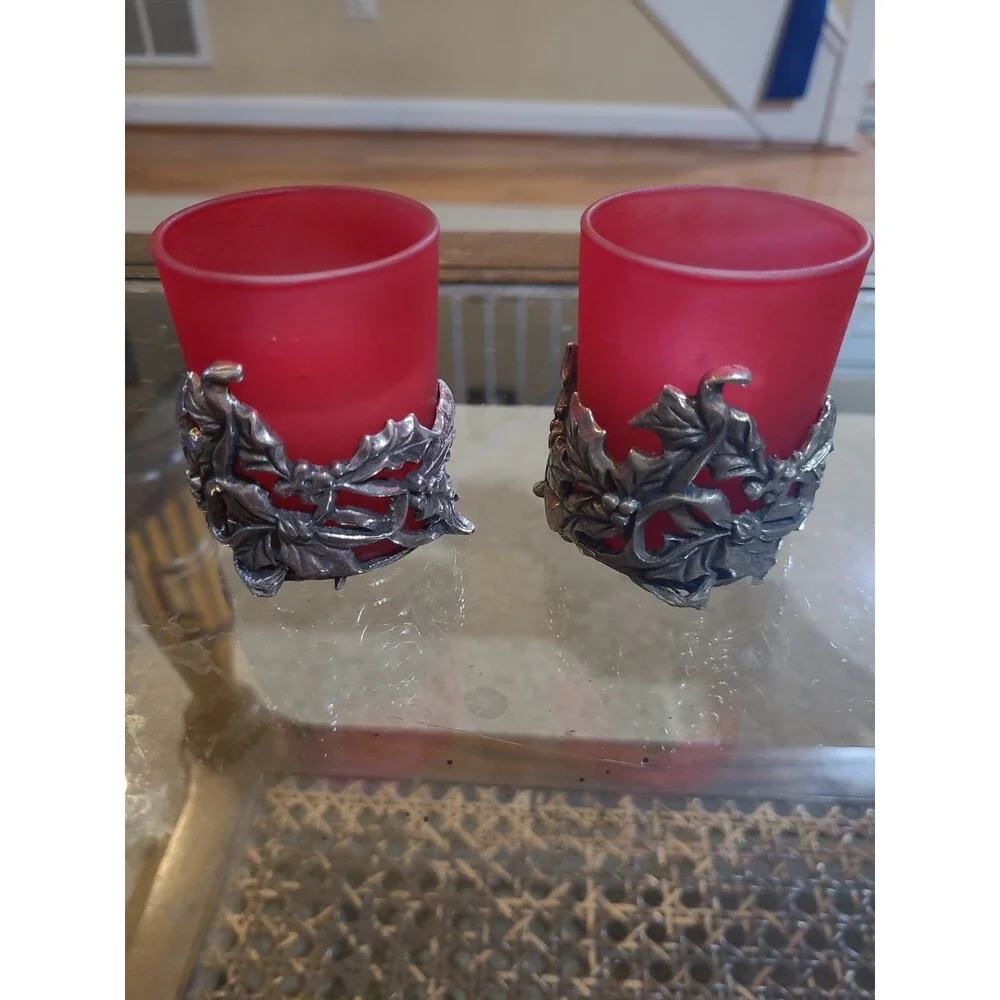 Lenox Kirk Stieff Pewter Holiday Hollyberries Pillar Candle Holder Set Of 2